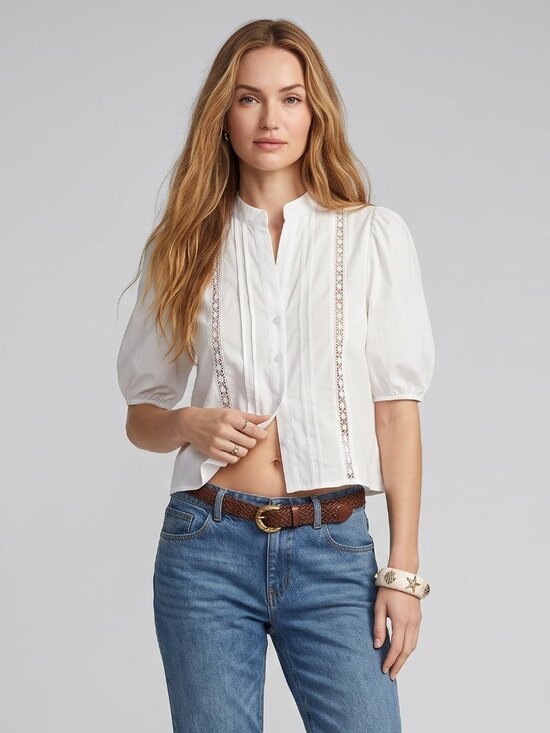 Tops - Women's White Cotton Lace Patchwork Blouse Puff Sleeve French Vintage Top